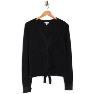 OLIVIA SKY NEW $59 Tie Front Long‎ Sleeve Eyelash Cardigan Sweater Black Small